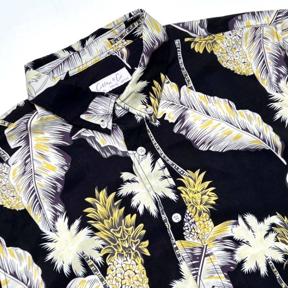Cotton & Co Mens Tropical Pineapple Palm Leaf Button Down Shirt Size XL Black